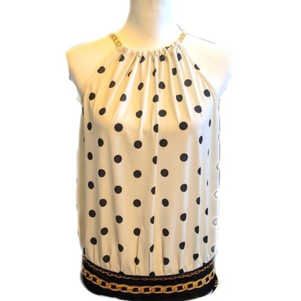 5/$55 Venus nautical polka dot halter, gold toned chain details, cream/black S